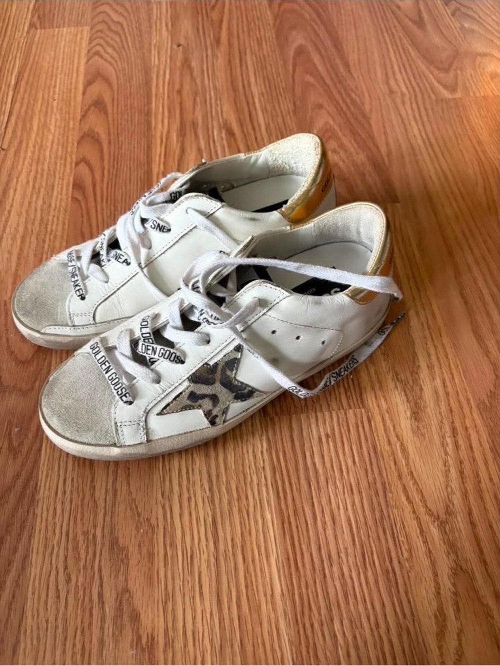 Golden Goose Kids White Sneakers with Leopard Star and Gold Heel Accent